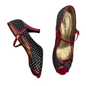 Madden Girl Mollie Polka Dot Mary Jane Peep Toe Heels 8 Red Twee 50s Rockabilly